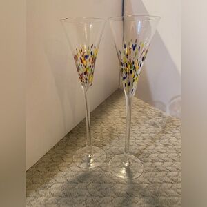 1 SOURCE INC. ~ 2 Hand Blown 7 Oz. CHAMPAGNE FLUTES (Multi-colored) ~ USA